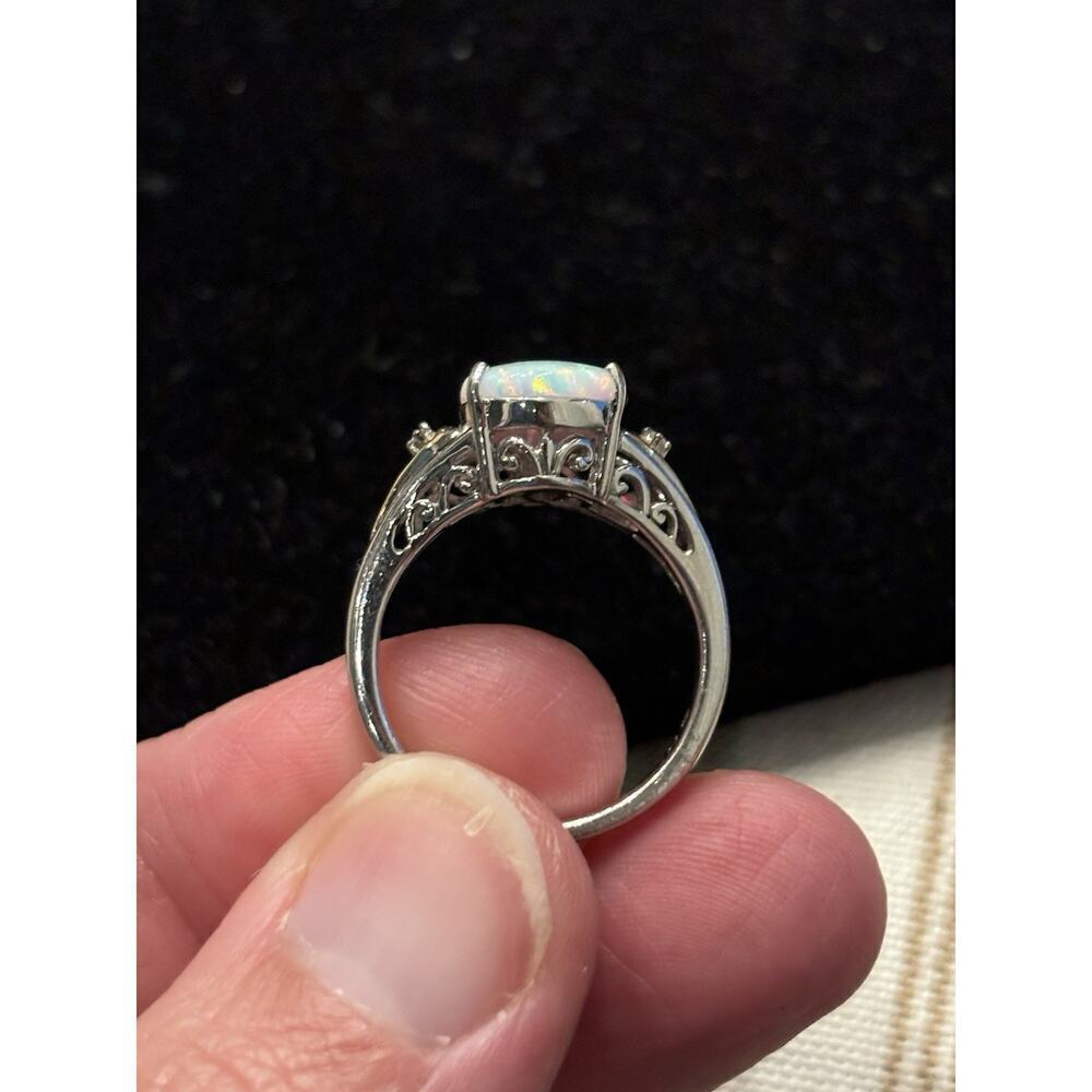 Sterling Silver 14k Simulated Opal & Diamond Ring Sz 7 925 - Picture 4 of 9